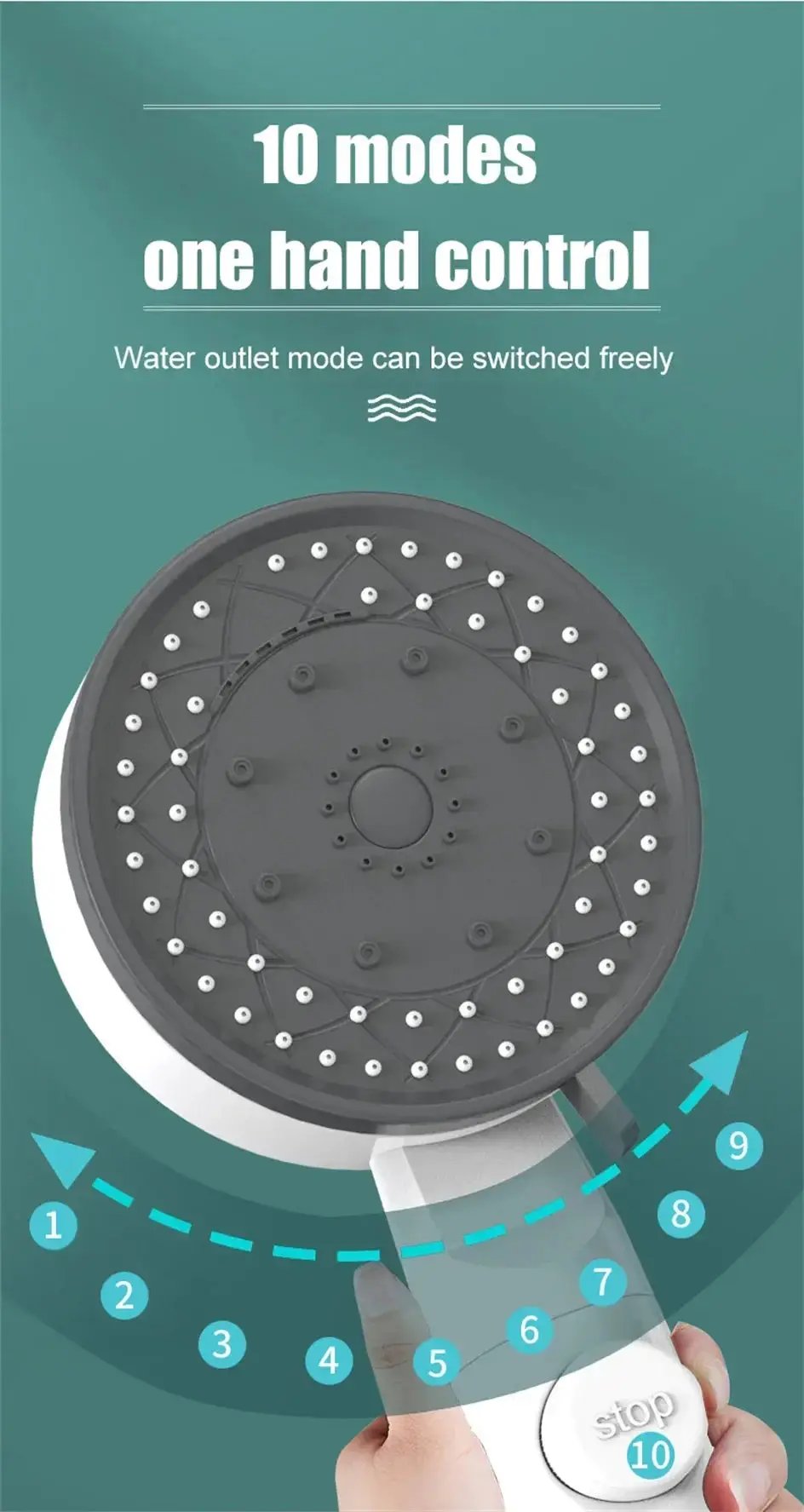 Dark gray handheld showerhead with 10 spray modes and a one-touch stop button.