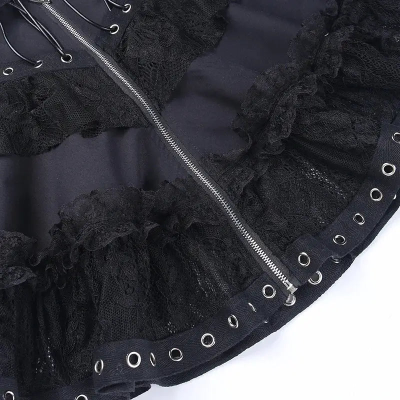 Gothic punk black mini skirt with lace trim, front zipper and metal grommet belt by Simples Market