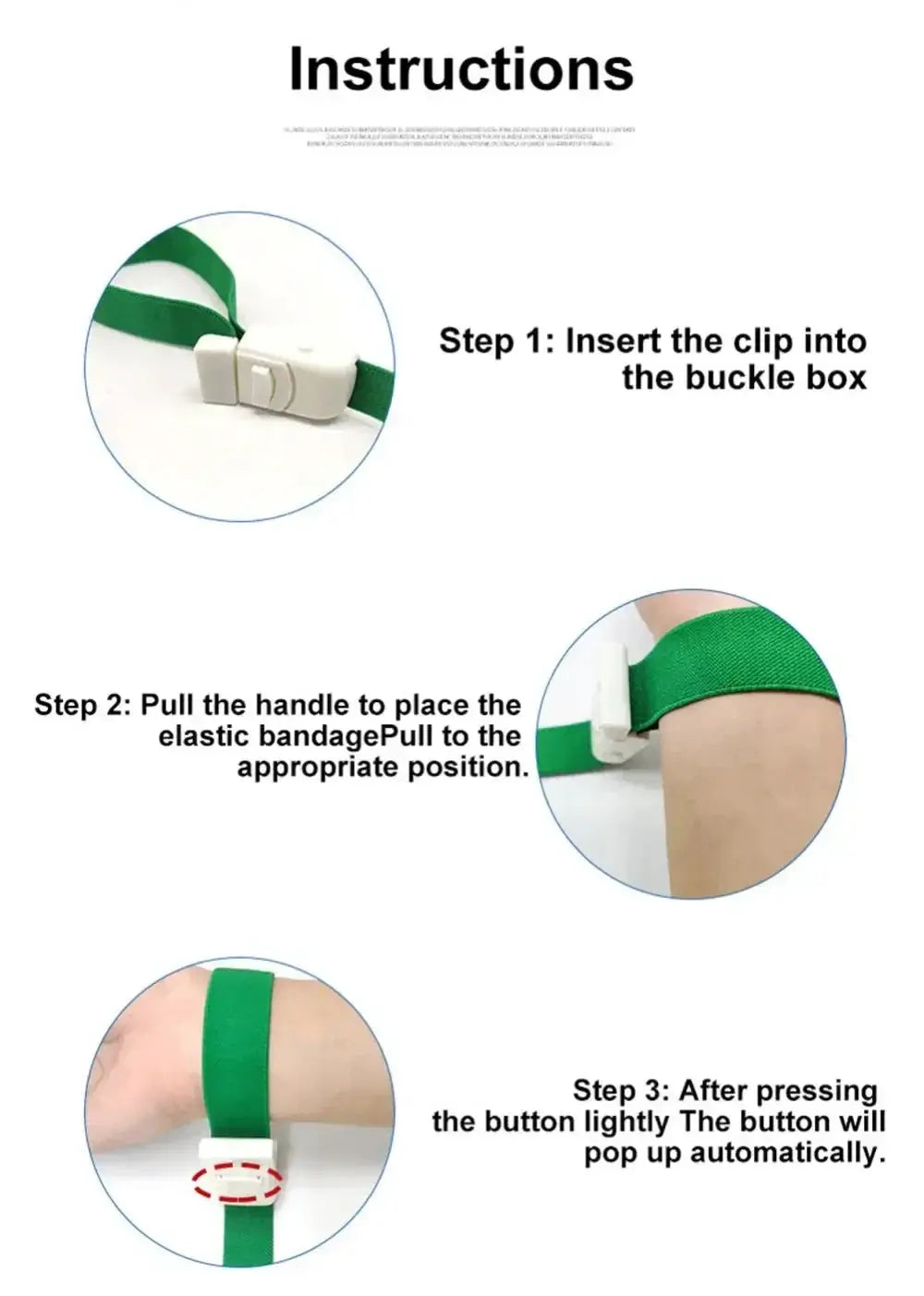 Emergency tourniquet with green strap and white revolving buckle; three step-by-step instruction illustrations.