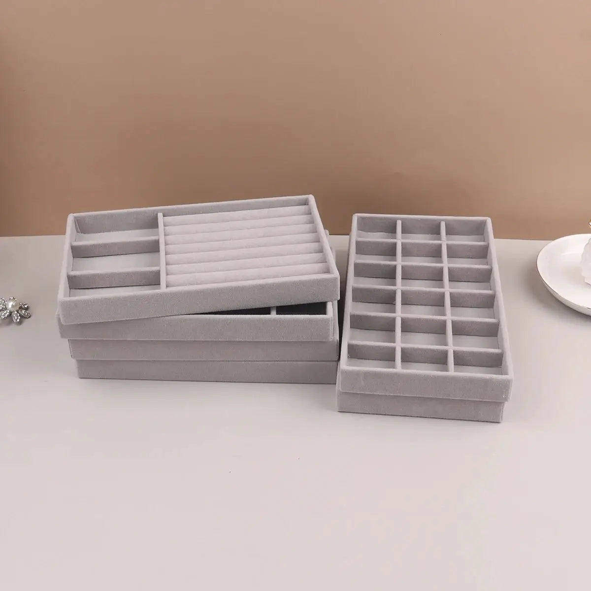 Velvet Jewelry Display Stackable Organizer Box For Rings Earrings Necklaces Portable Case