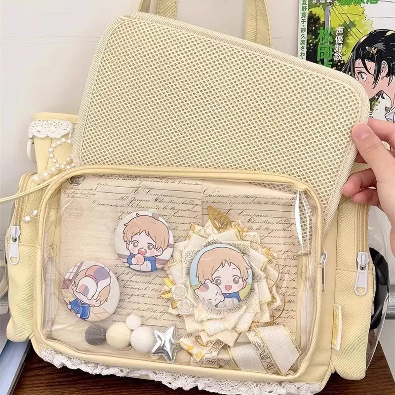 Simples Market Ballet Girl Itabag beige two-dimension crossbody bag with clear front pocket and anime badge set