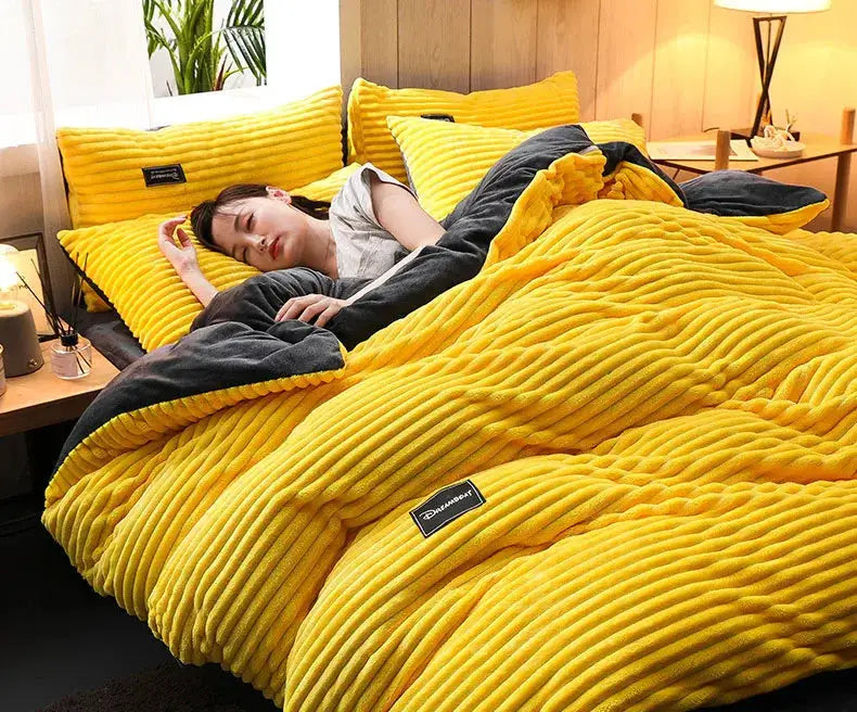 Simples Market 3pc thick coral fleece duvet cover set in bright yellow with pillowcases on a bed