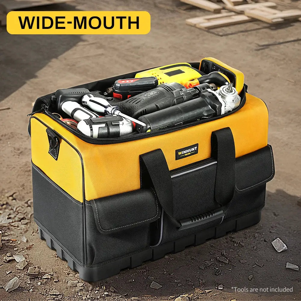 WINHUNT heavy-duty tool bag, yellow/black polyester with wide-mouth opening and molded bottom, adjustable strap