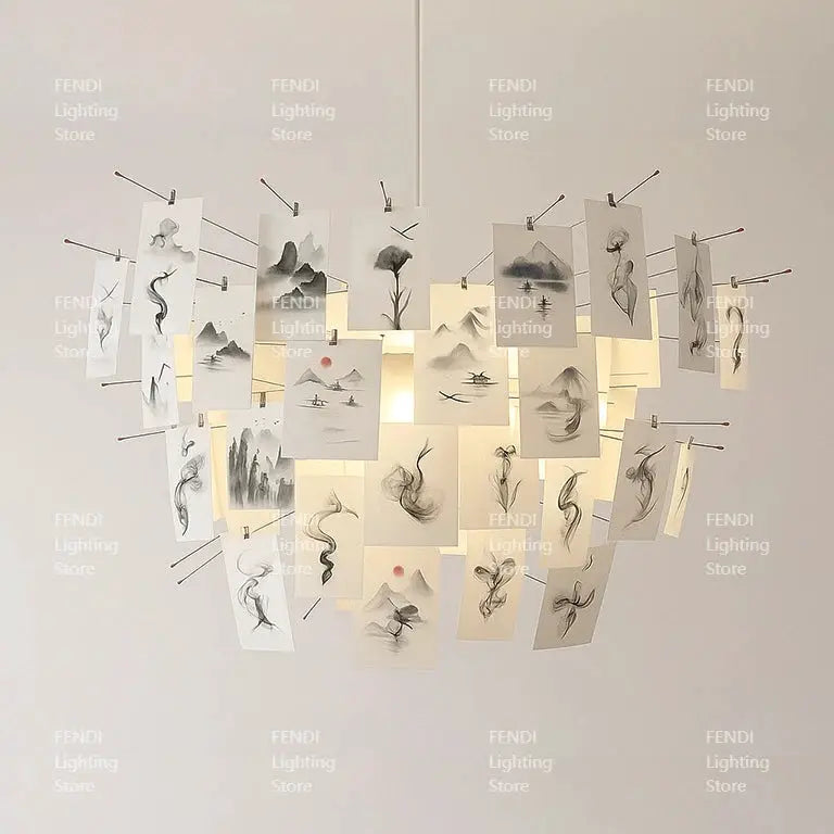 Ingo Maurer replica paper chandelier with hanging cards and ink drawings, LED E27 lamp