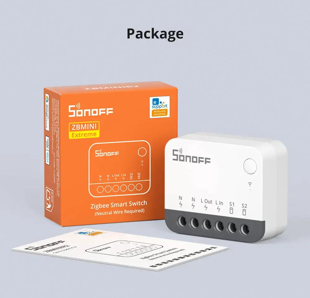 SONOFF ZBMINI Extreme Zigbee Smart Switch with detach relay, white unit beside orange packaging