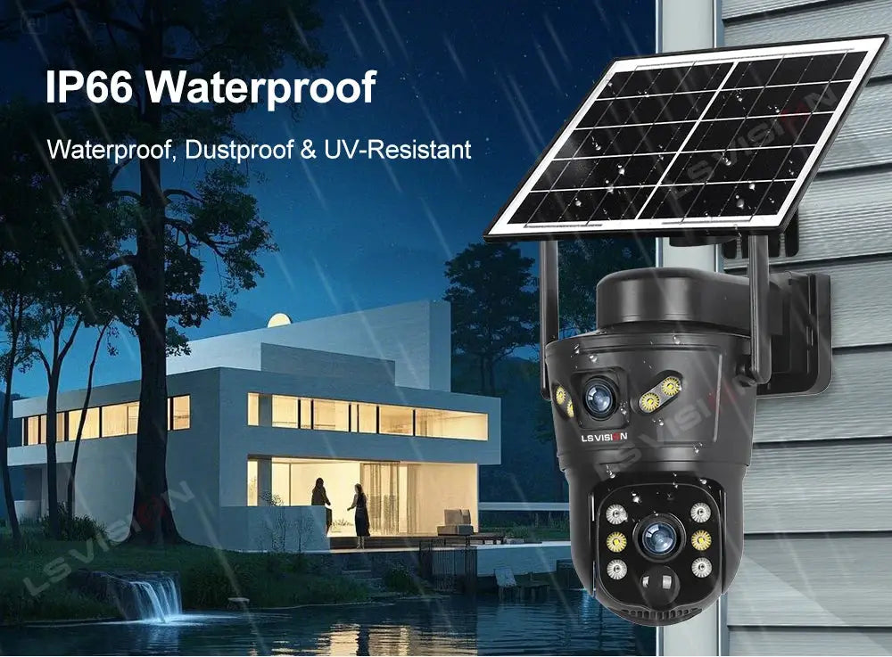 LS VISION outdoor solar security camera, 8MP dual lenses, built-in night vision, IP66 waterproof