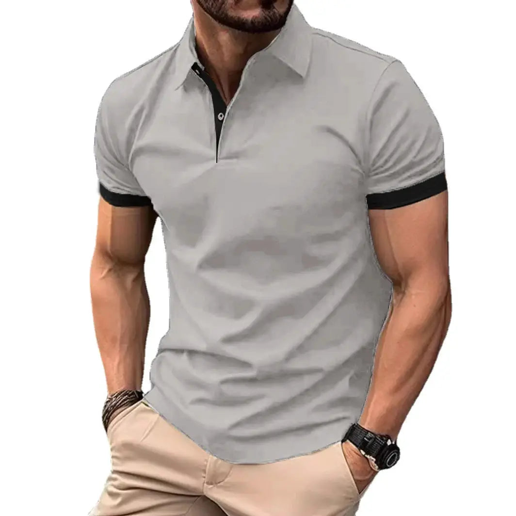 Men's gray polo shirt with black contrast collar and sleeve trim