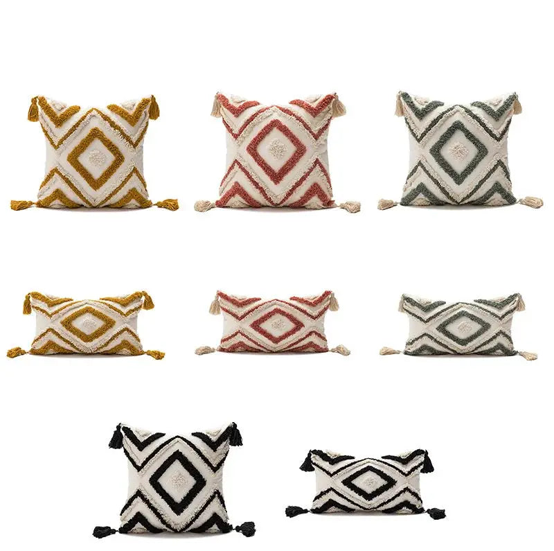 8 tufted diamond pillow covers with tassels, 45x45cm, in assorted colors for sofa or bed.