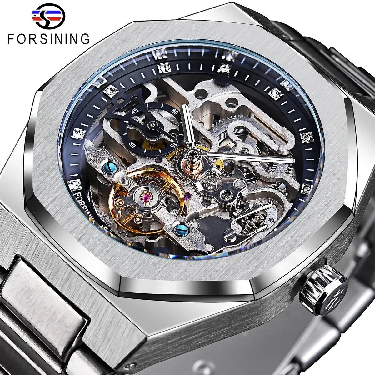 Forsining men's skeleton dial automatic watch with stainless steel strap