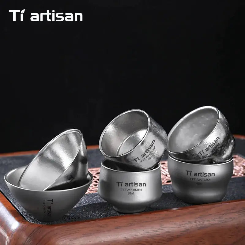 Tiartisan titanium 80ml double-layer gourd teacups, set of 4 for outdoor camping
