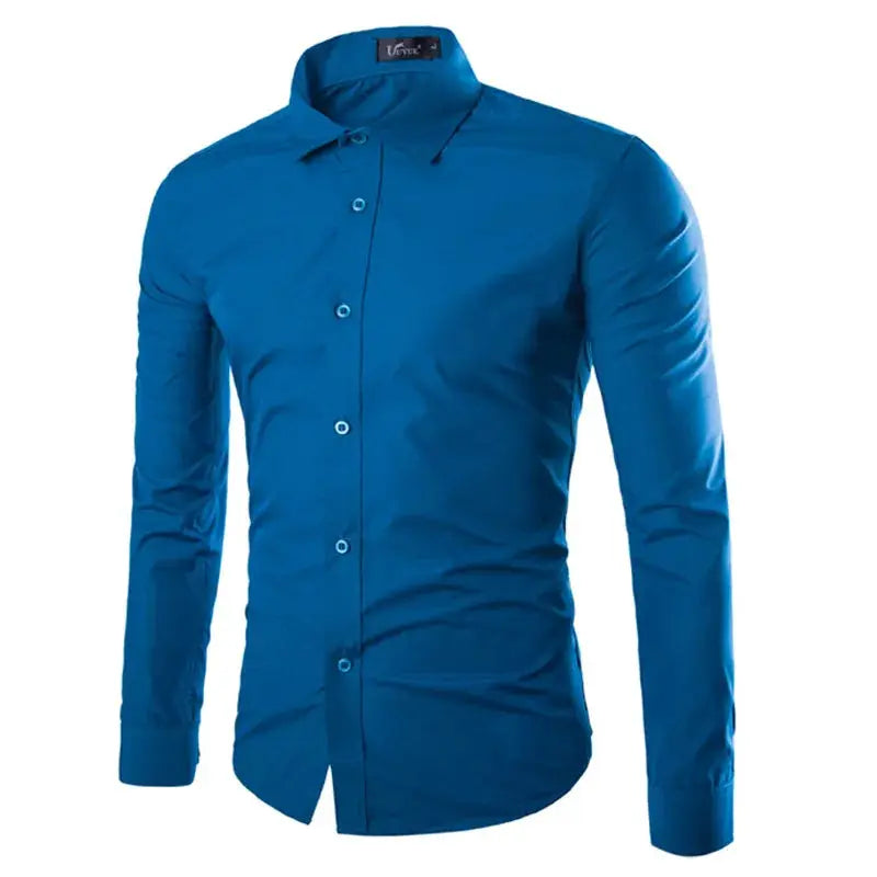 Men's solid blue long-sleeve shirt by Simples Market, casual button-down