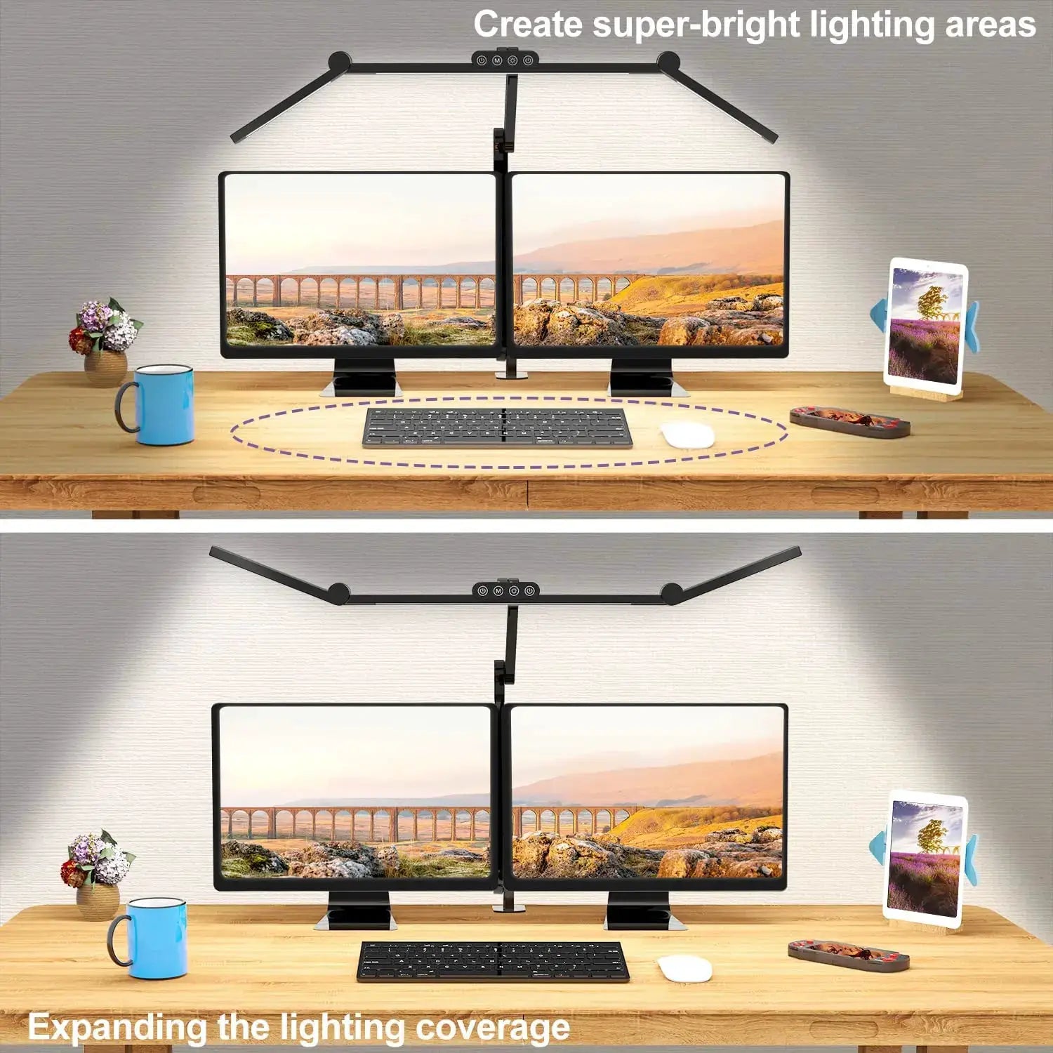 Led desk lamp with clamp by Simples Market over dual-monitor setup, 24W auto-dimming