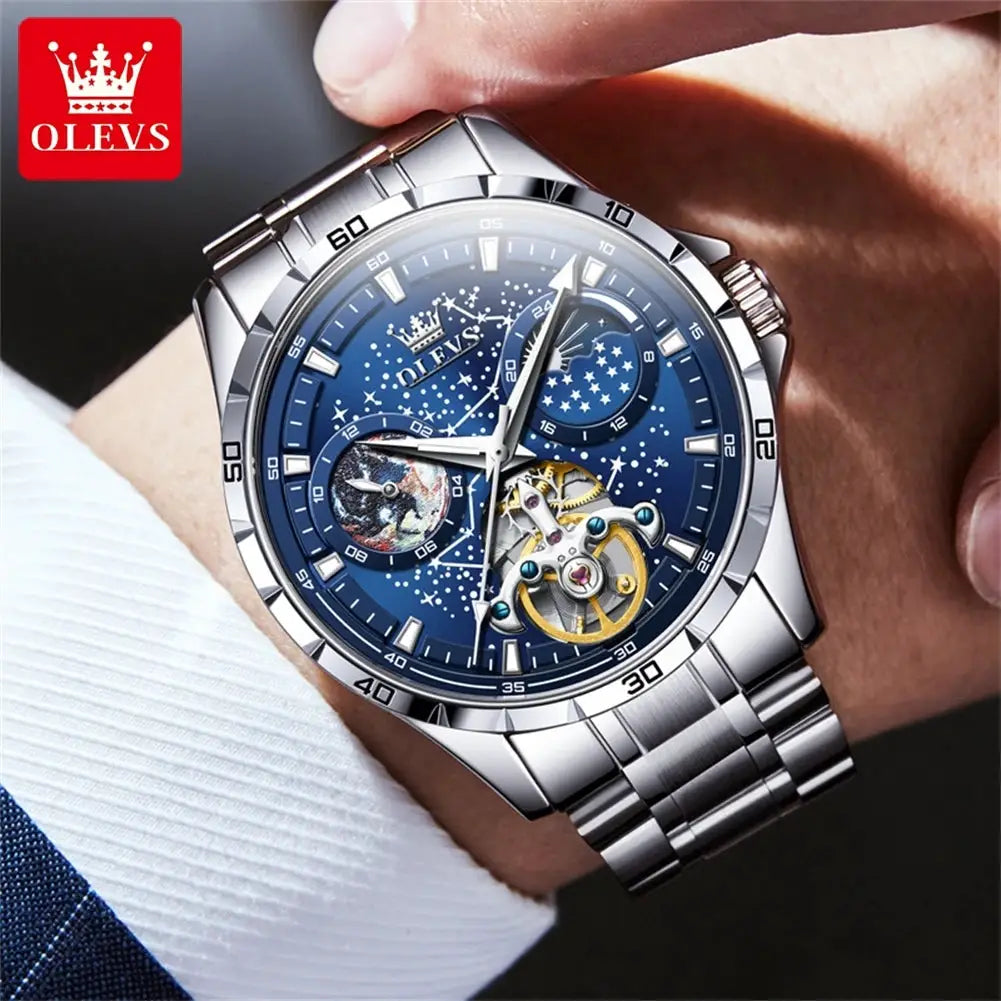 OLEVS Flywheel skeleton automatic watch for men with blue starry sky dial and stainless steel bracelet