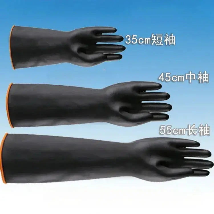 Heavy-duty rubber gloves by Simples Market; three lengths (35/45/55 cm) acid-alkali resistant industrial gloves in black.