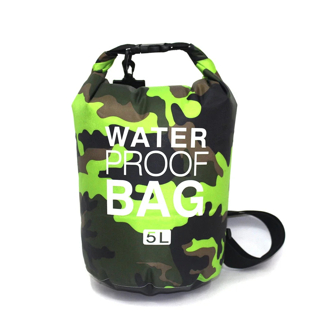 Waterproof dry bag 5L in neon camo with roll-top closure and shoulder strap