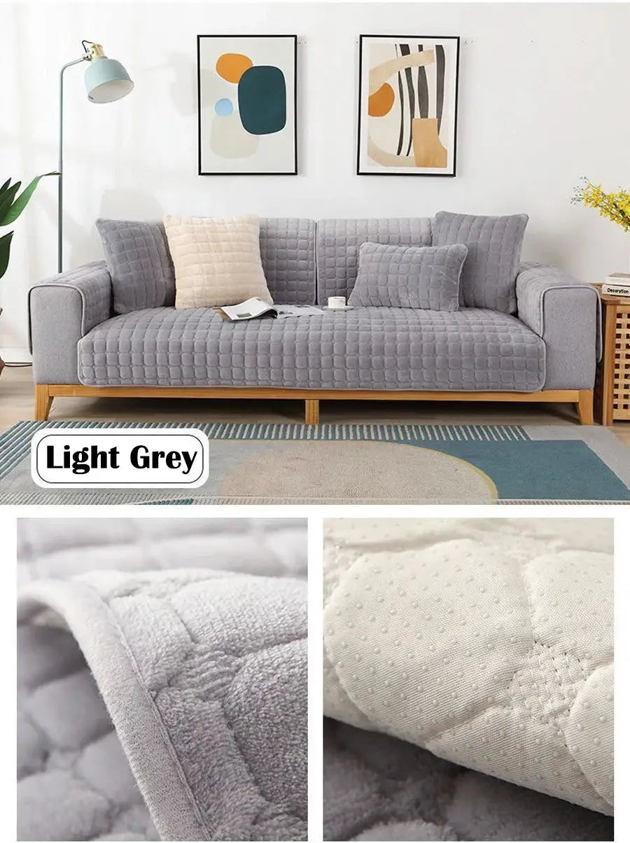 Velvet sofa cover by Simples Market in light grey plaid plush, non-slip thickened flannel for living room sofa