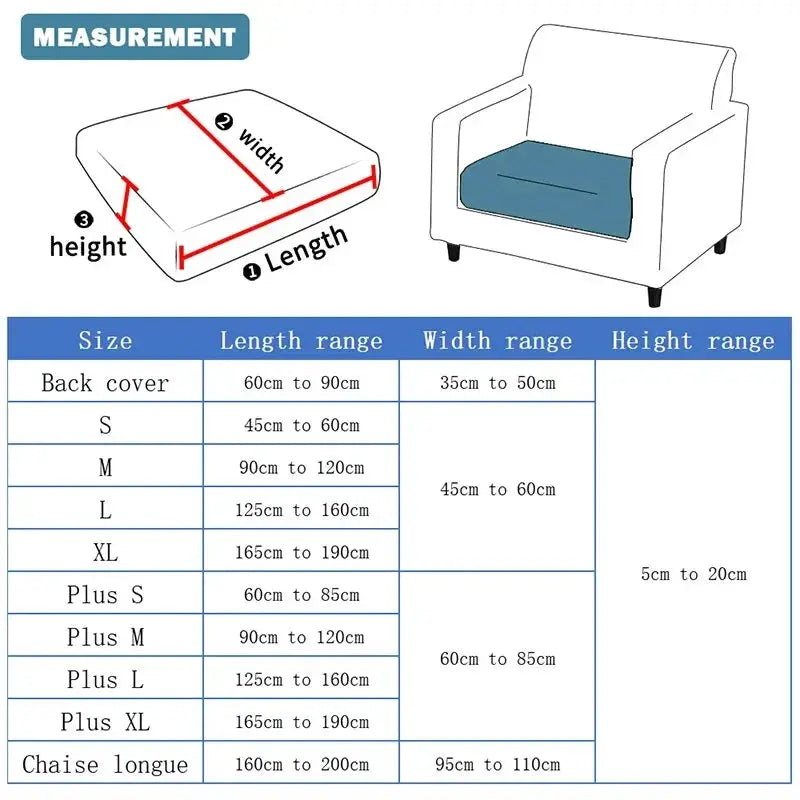 Velvet sofa cushion cover with measurement guide showing length, width, height ranges
