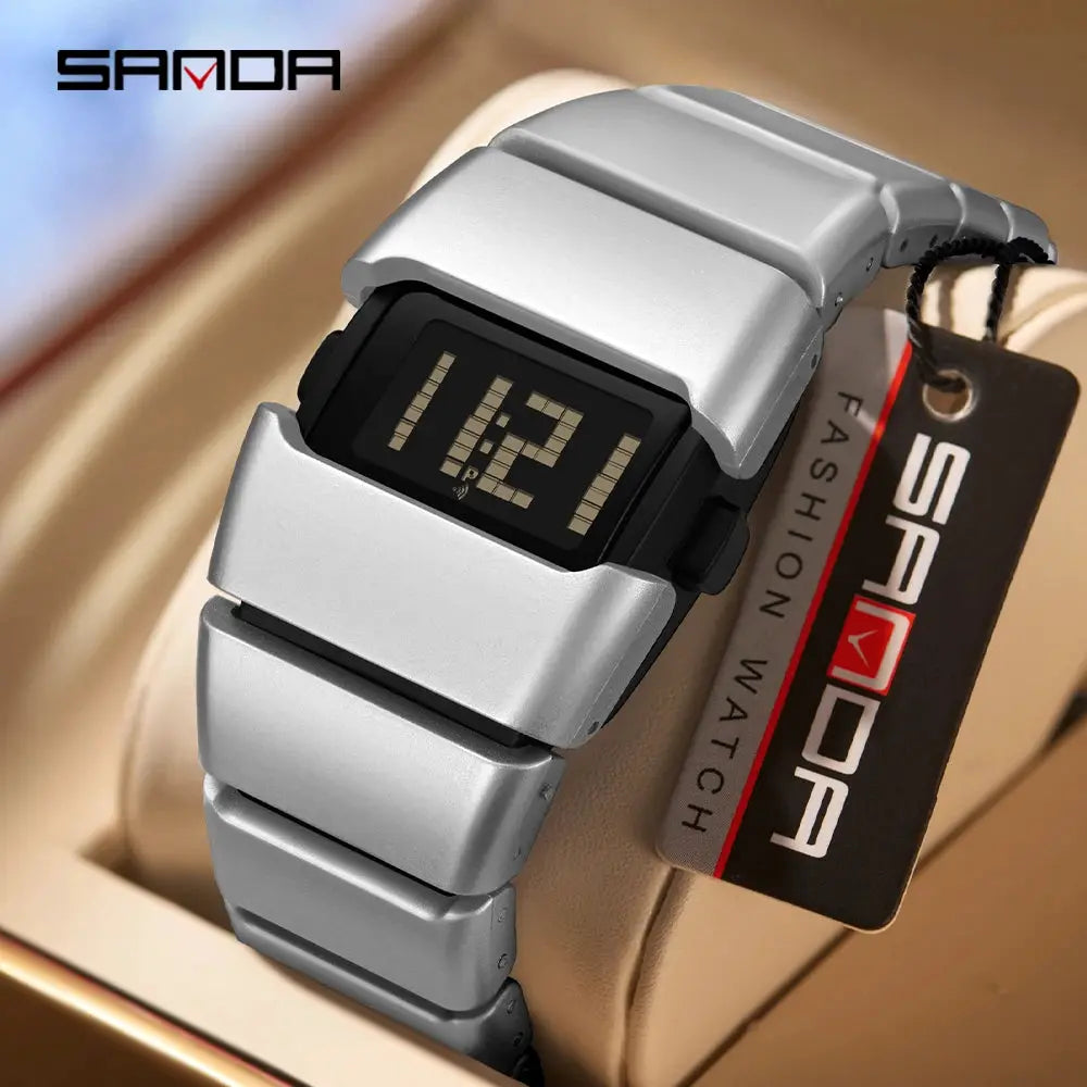 SANDA 9504 Y2K retro electronic watch with silver stainless-steel bracelet; 5ATM waterproof, night-light display.