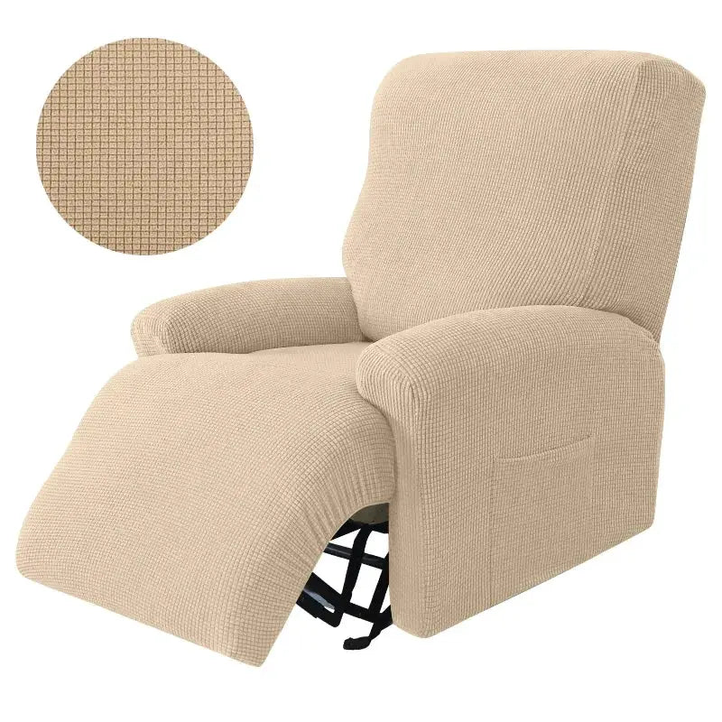 Beige recliner chair slipcover set in textured stretch fabric, non-slip 4-piece