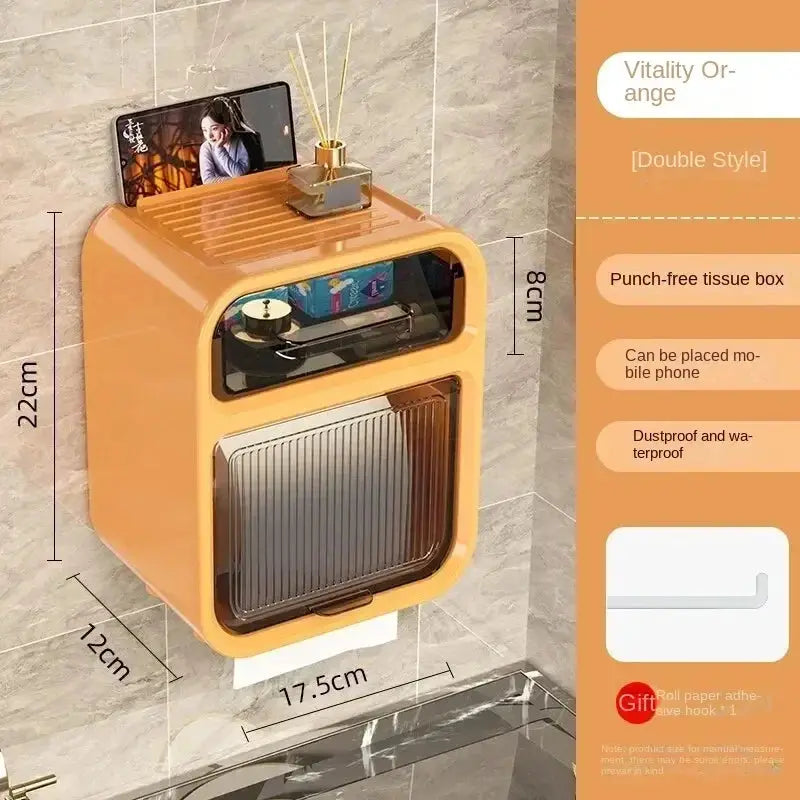 BrightNest Wall Mounted Toilet Tissue Box With Paper Drawer And Double Layer Storage Rack Space Saving Bath Organizer
