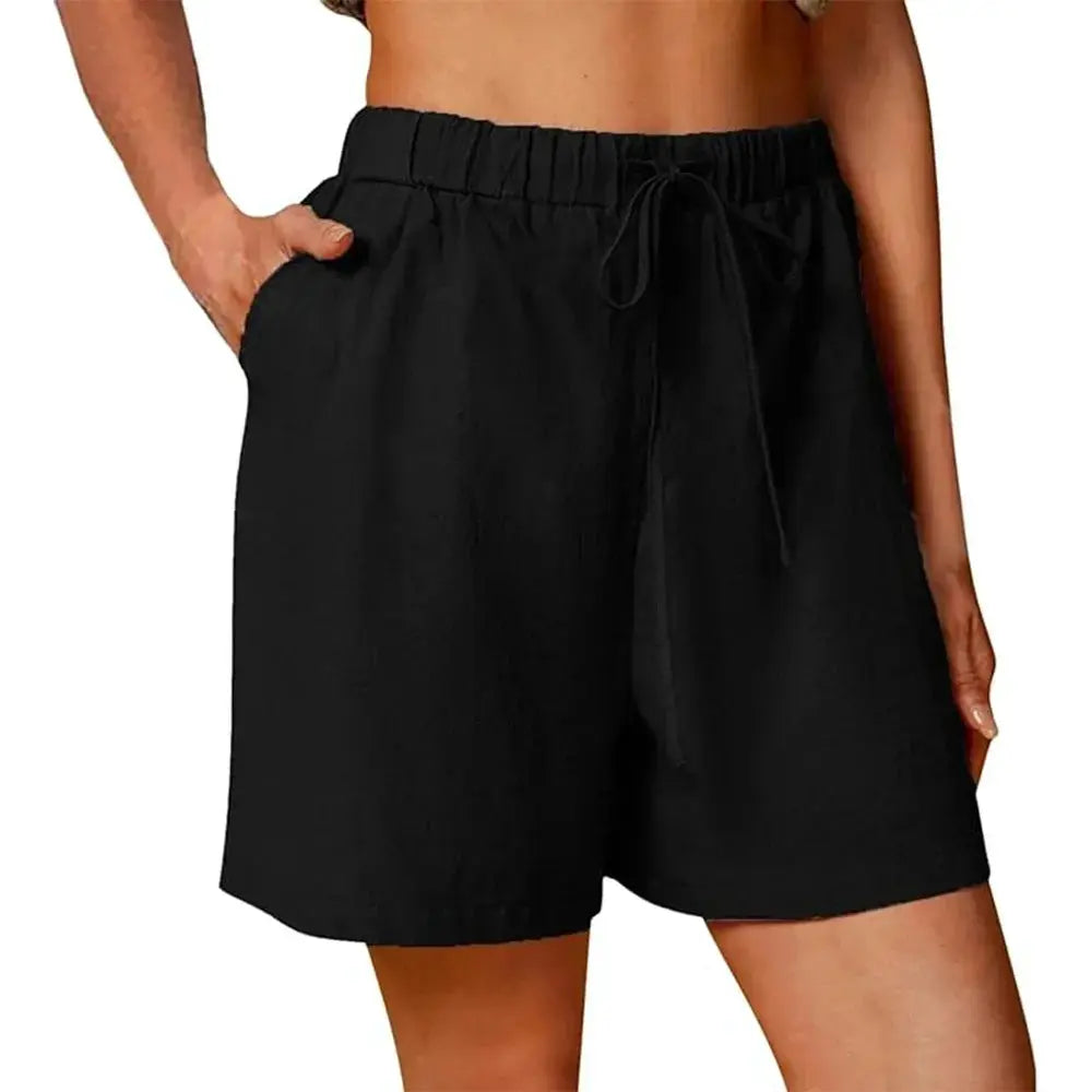 Women's black cotton-linen drawstring shorts by Simples Market, loose straight fit