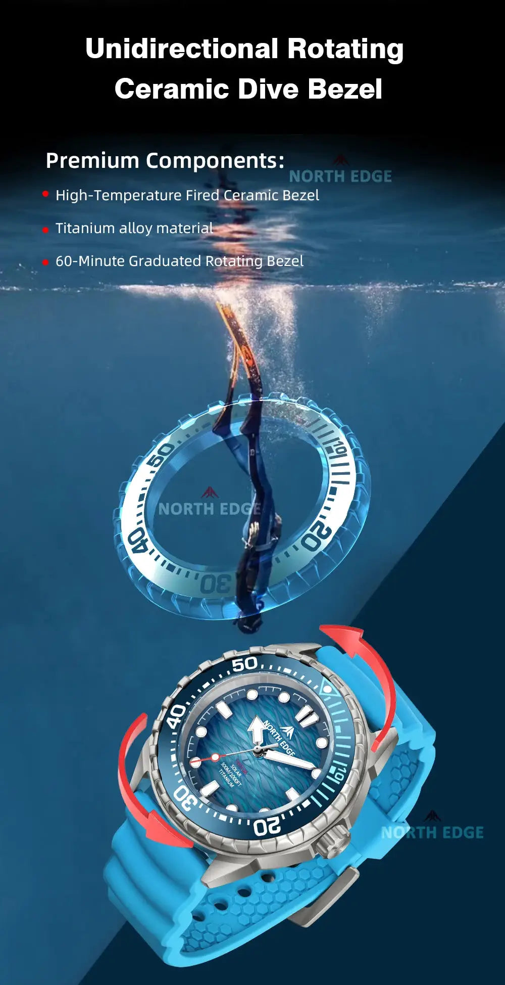 North Edge Triton-TI diving watch with blue strap, titanium alloy case and rotating bezel