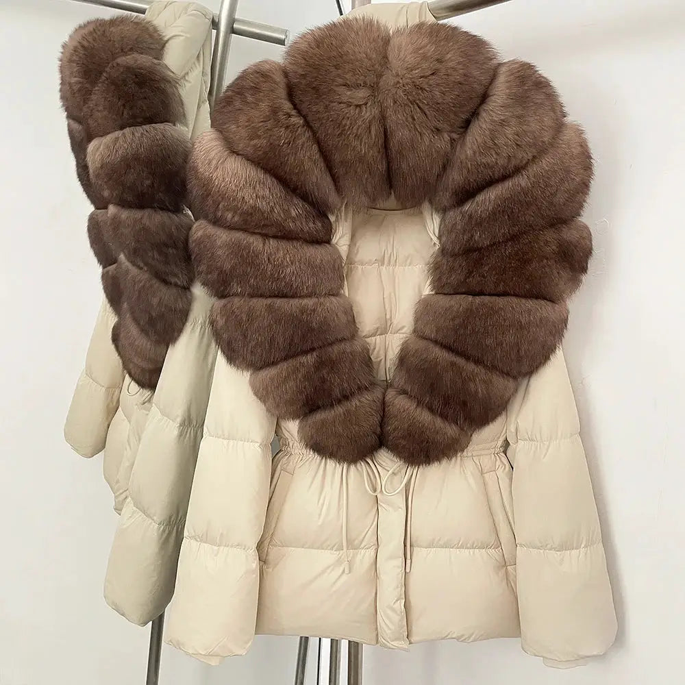 Womens Real Fox Fur Collar Duck Down Coat With Raccoon Fur Trim Hooded Puffer Jacket