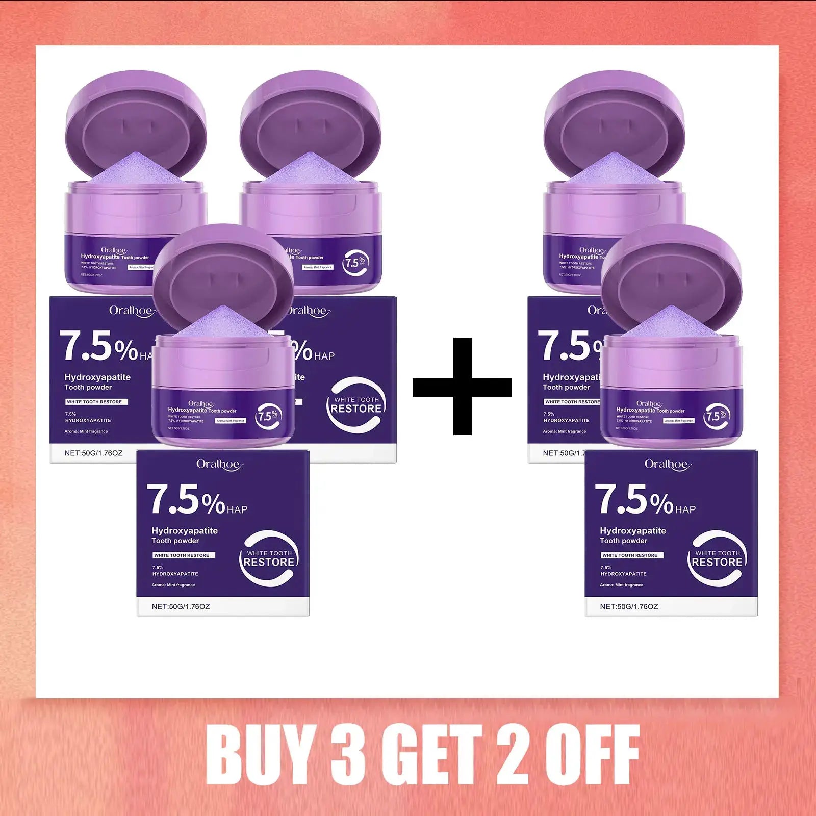 Simples Market whitening tooth powder, 7.5% hydroxyapatite, purple jars and boxes, two sets shown
