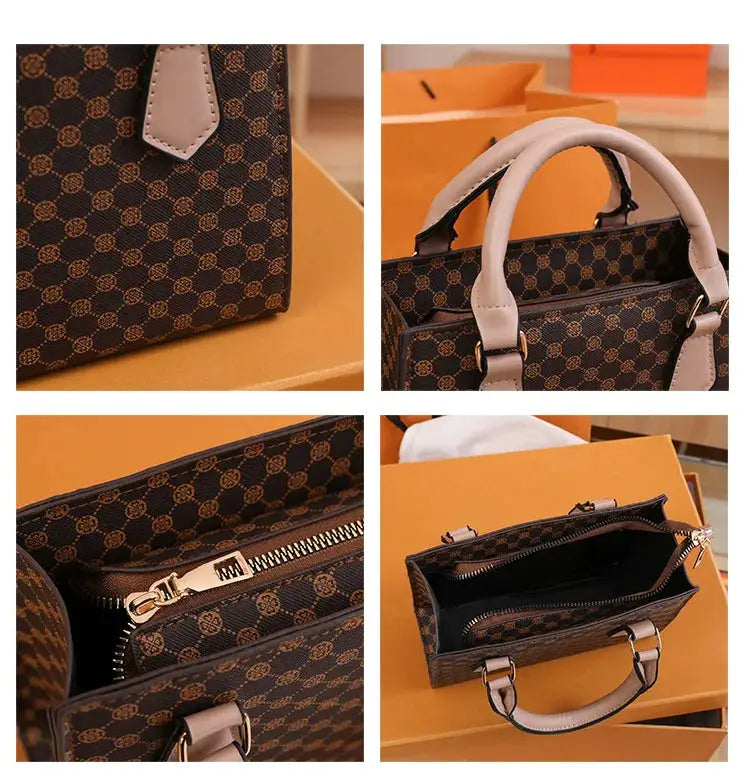 Simples Market brown plaid PU leather top-handle tote bag with beige handles and interior zipper pocket.
