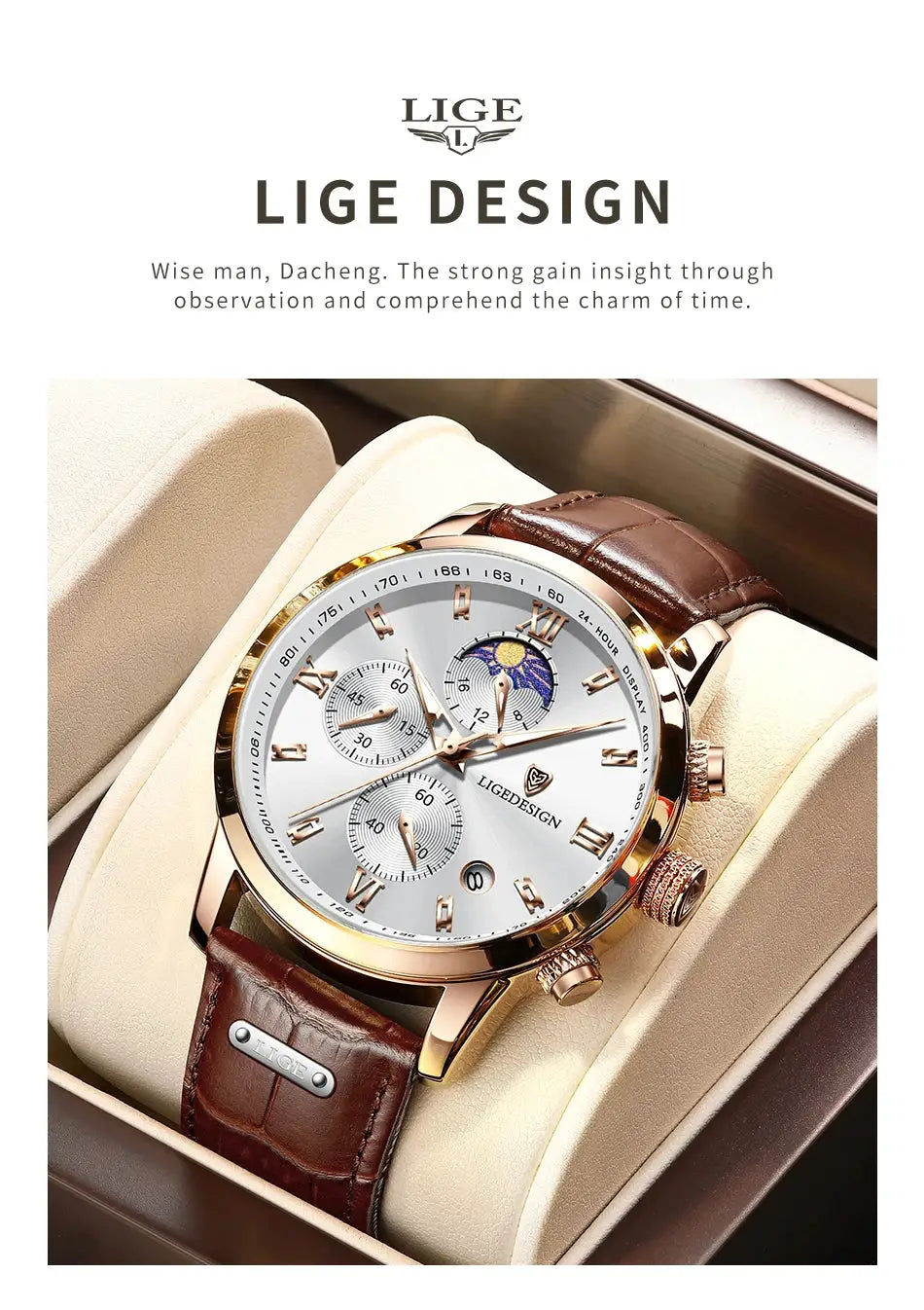 LIGE Design men's wristwatch with gold-tone case, brown leather strap, white dial, moon phase, chronograph subdials