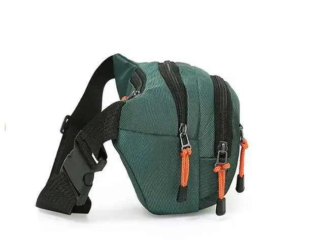 Simples Market Oxford waterproof waist bag in teal with multiple zip compartments and orange pull tabs.
