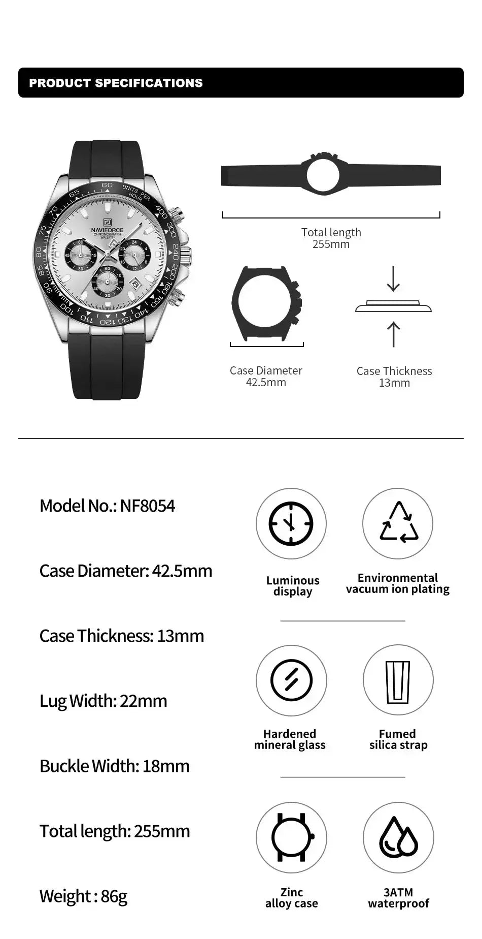 NAVIFORCE NF8054 men's wristwatch with black silicone strap and silver chronograph dial