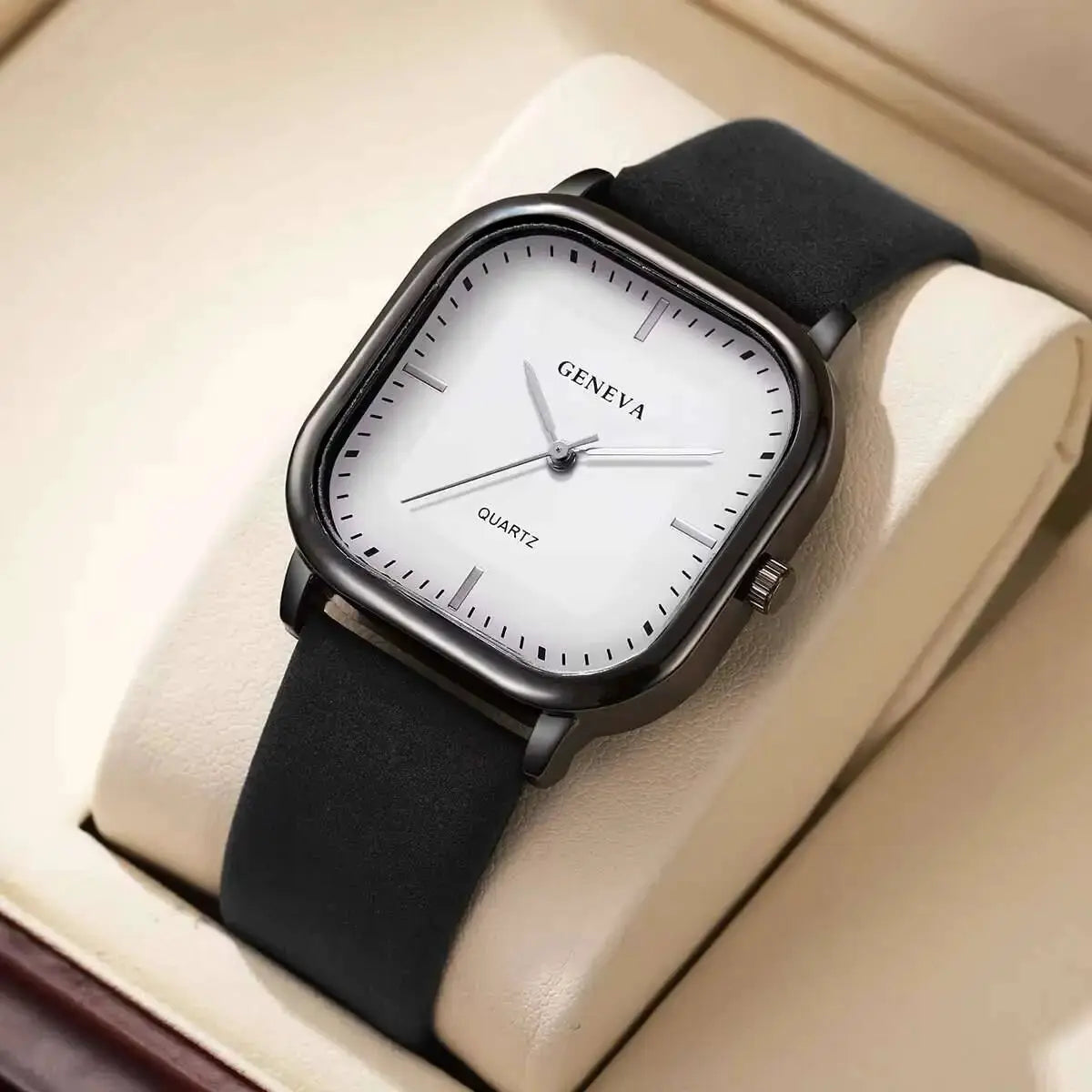 Square Minimalist Mens Quartz Watch With Leather Strap Wristwatch For Casual Wear Without Box