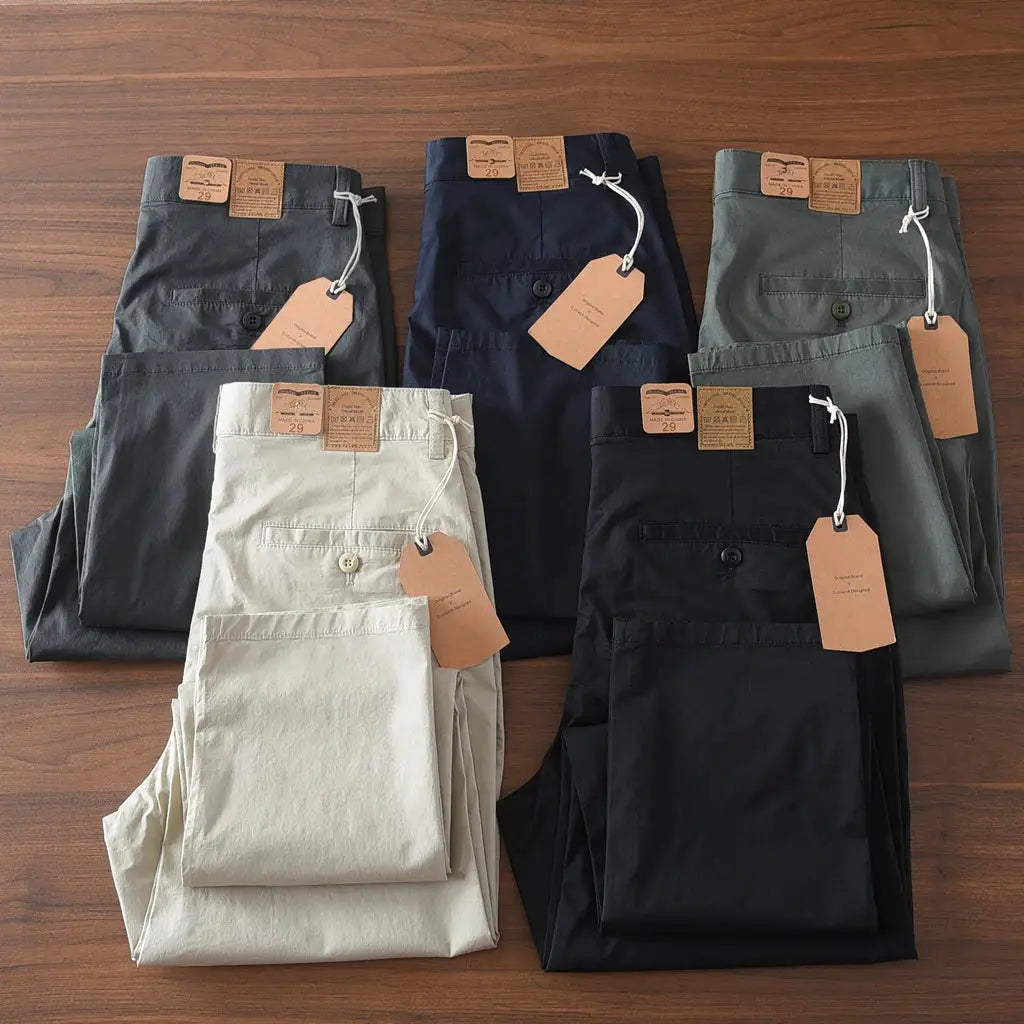 Men's slim chino pants by Simples Market; 97% cotton, 6 pairs shown