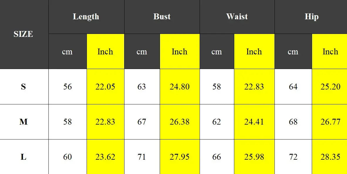 Simples Market yoga rompers size chart with S/M/L and length, bust, waist, hip measurements in cm and inches