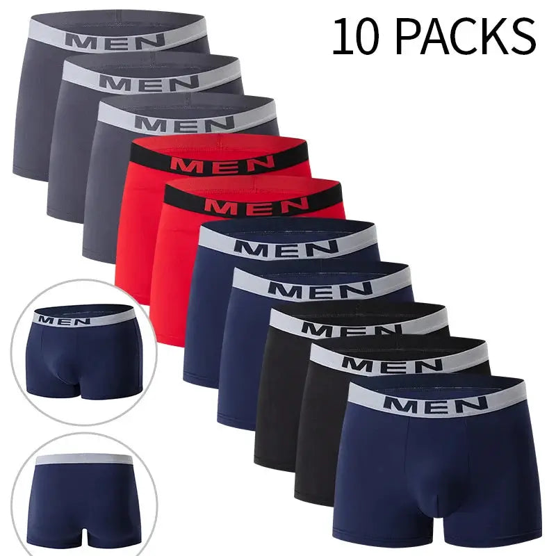 Men's 10-pack boxer shorts in navy, gray, black and red with gray waistband