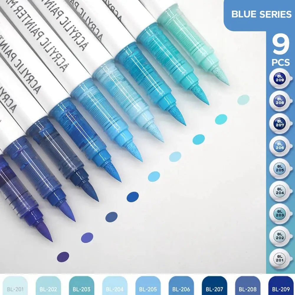 Acrylic brush pen set, 9 pieces, by Simples Market in blue tones (Blue Series)
