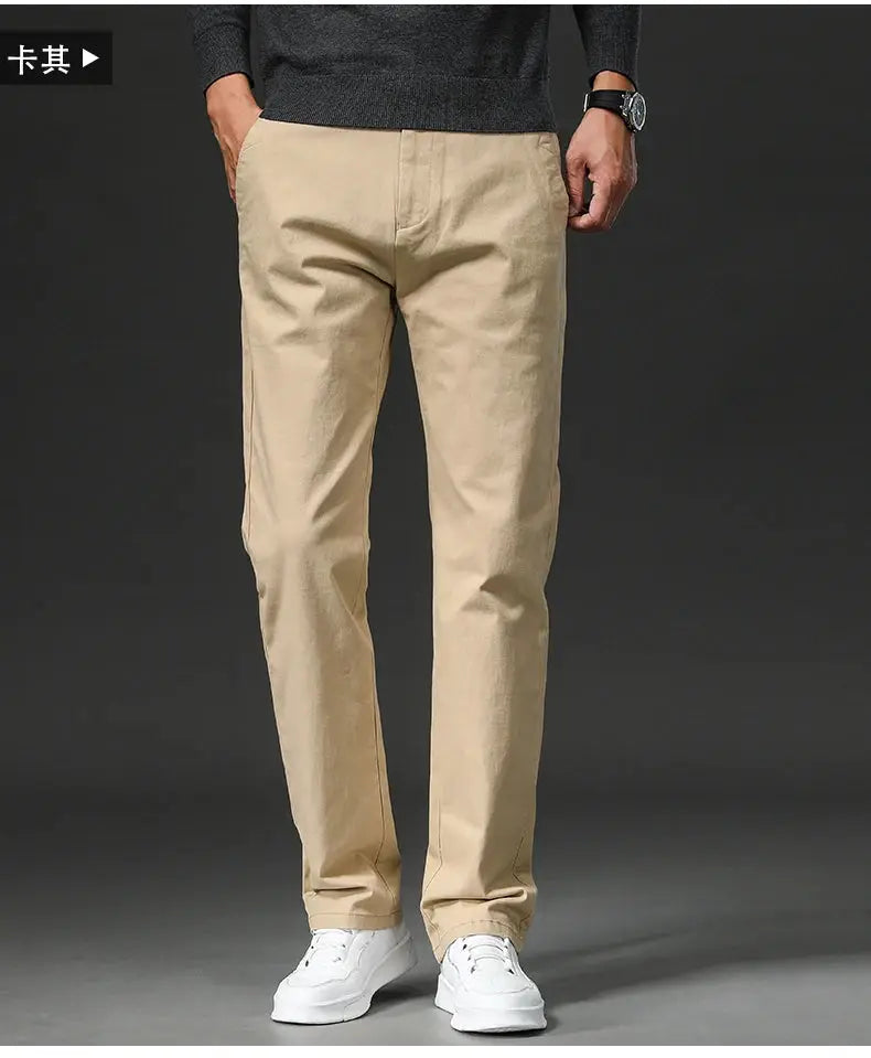Simples Market men's straight-fit cotton-stretch chinos in khaki, versatile casual-formal work trousers.