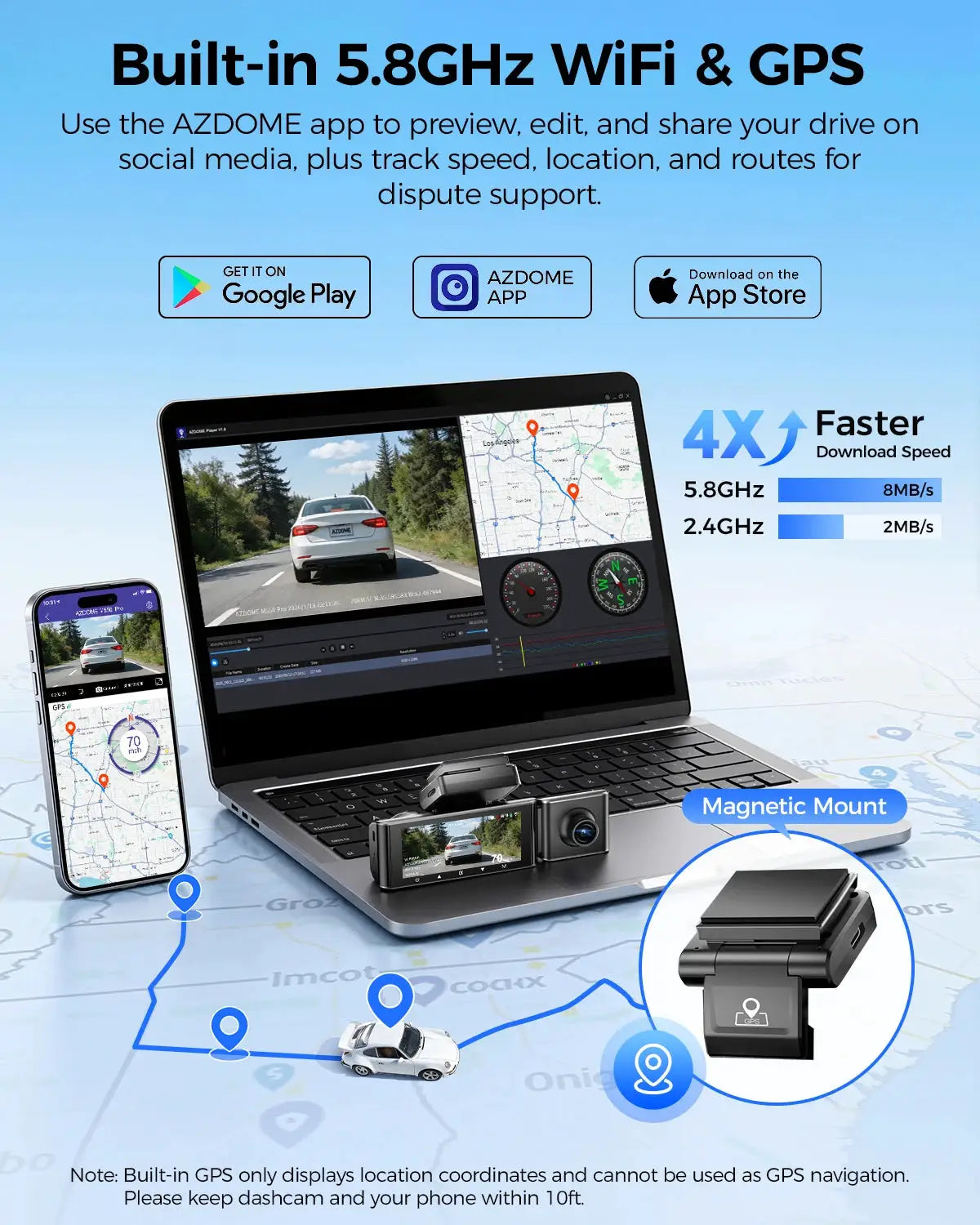 AZDOME M550 Pro dash cam with built-in 5.8GHz WiFi & GPS, 2/3-channel system, magnetic mount — Simples Market