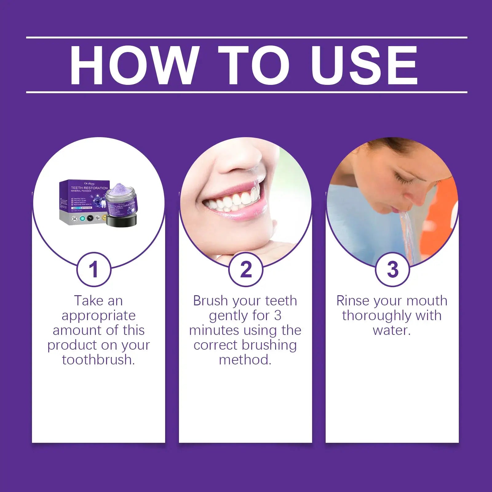 Teeth whitening purple powder toothpaste by Simples Market; three-step how-to infographic