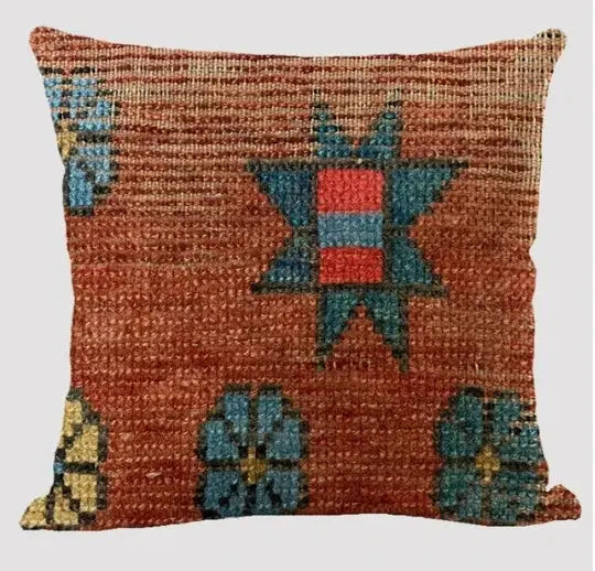 Bohemian linen cushion cover with multicolor orange-red background and geometric ethnic print