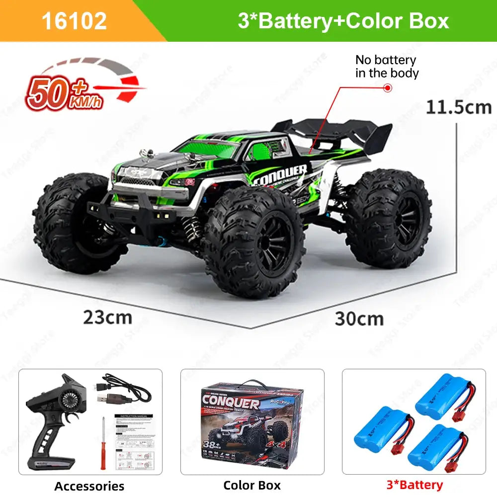 1:16 Teeggi PRO RC car Conquer, green/black 4WD off-road with LED lights; includes accessories, color box and 3 batteries