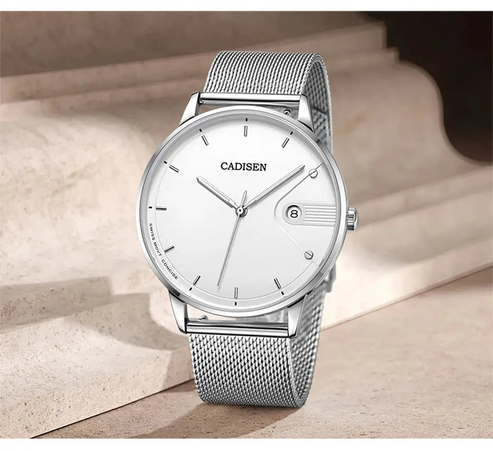 CADISEN Swiss Ronda 715 quartz wristwatch; silver stainless steel Milano mesh strap, white dial with date at 3 o'clock