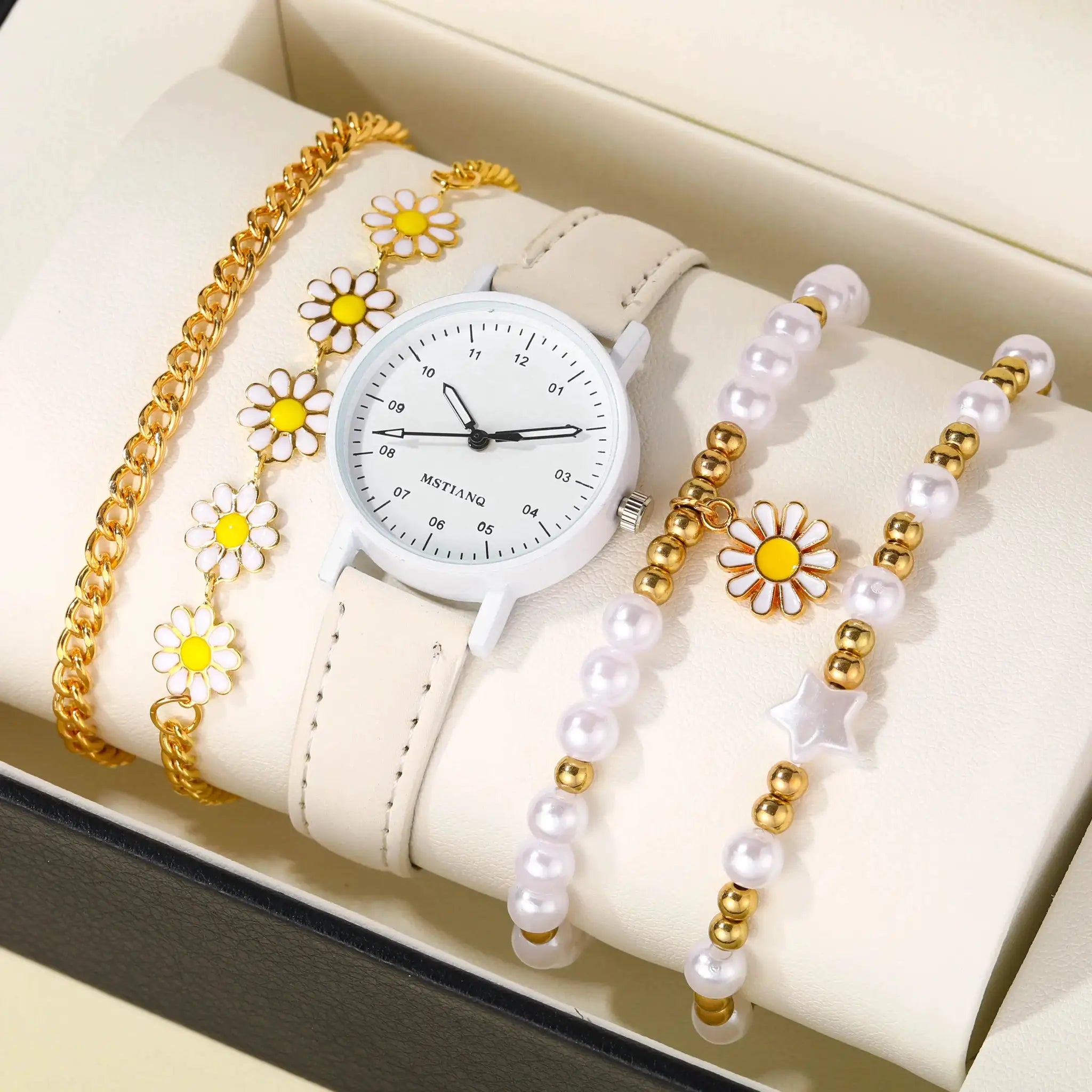 5-piece girls watch and bracelet set with white strap watch, gold chain, daisies, and pearl beads