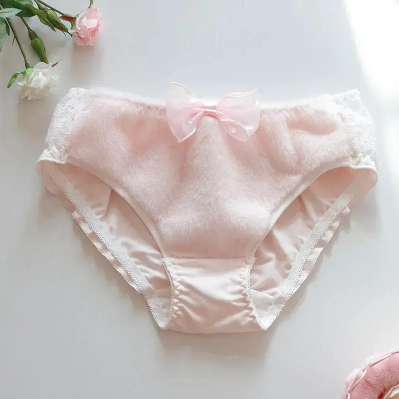 Women’s pink plush cotton panties with bow and lace trim, soft and comfortable underwear
