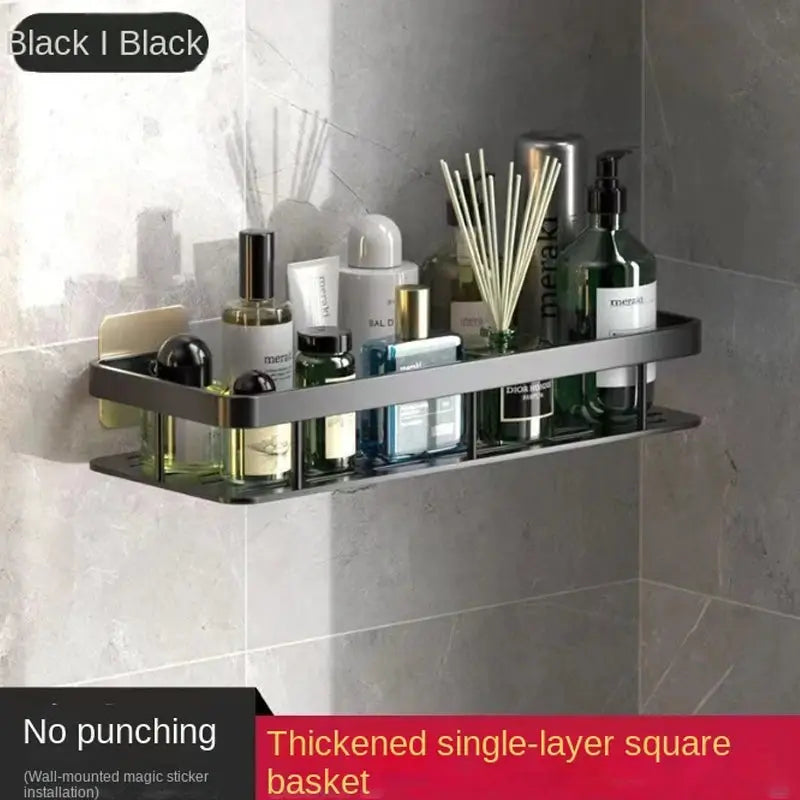 Black wall-mounted corner bathroom shelf with a thickened single-layer basket for shampoo and toiletries