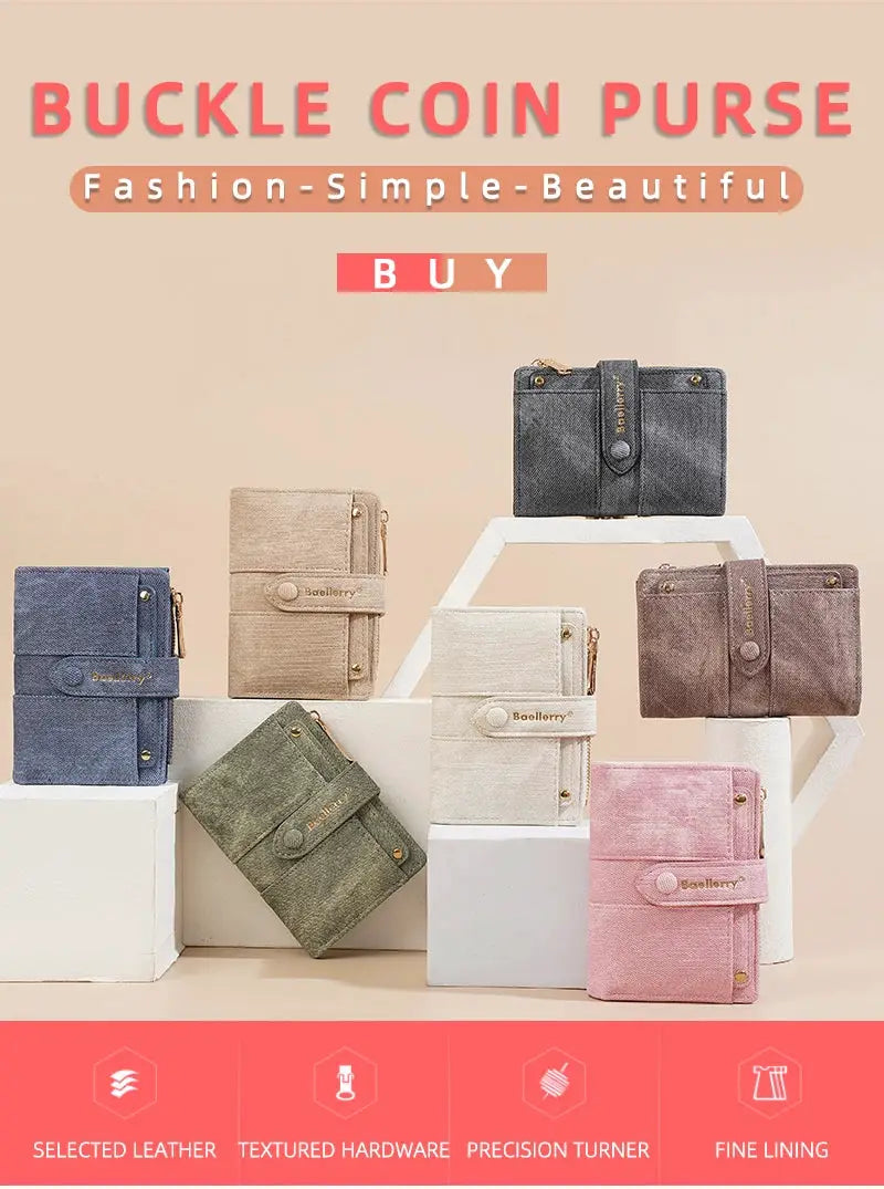 Baellerry women's short zipper wallets set of seven in blue, beige, green, cream, pink, brown, and black