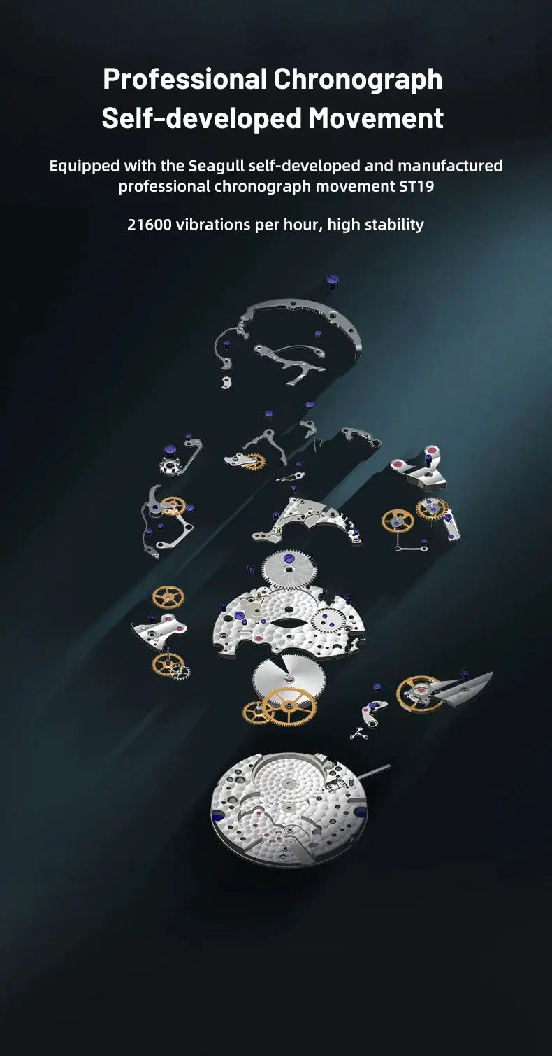 Seagull 1963 International Edition mechanical wristwatch movement exploded view with gears and plates