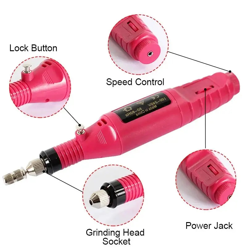 Pink electric nail drill with grinding head, lock button, speed control and power jack