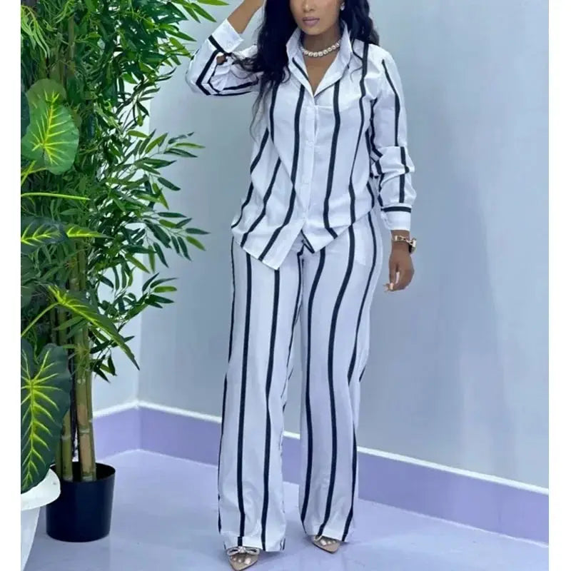 African Stripe Two Piece Set Women Spring Button Top Wide Leg Pants